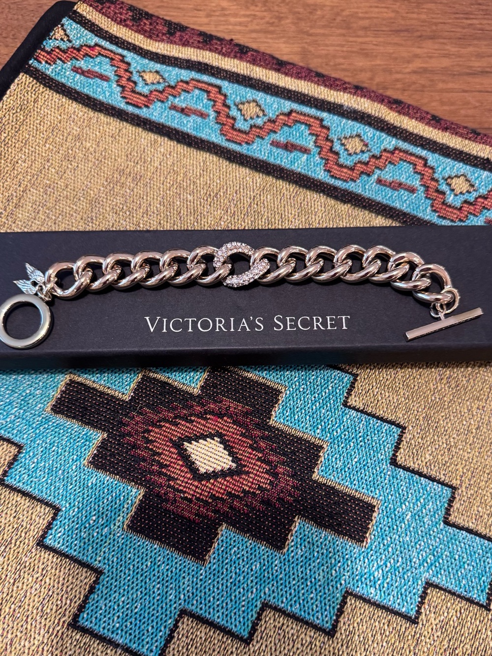 Victoria Secret Gold Tone Curb Chain with CZ Link Toggle Clasp Bracelet